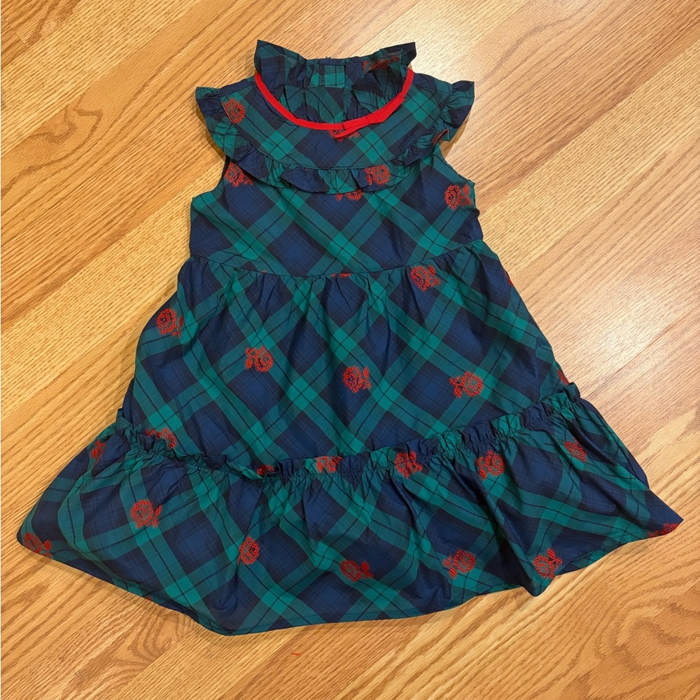 2T Janie and Jack Navy and Green Plaid Dress with Red Flower Accents